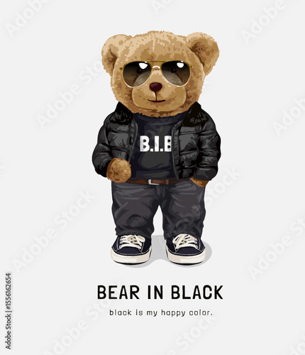 cool bear in black outfit vector illustration