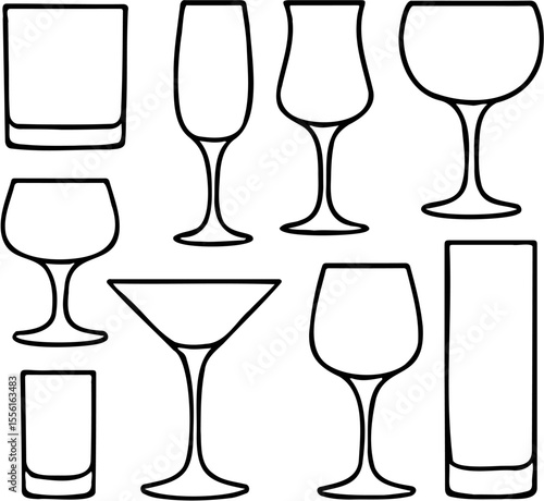 vector line art illustration of set of wine glasses, isolated on white