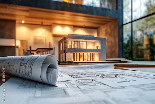 Architectural Blueprints with House Model and Modern Interior Background in Natural Light