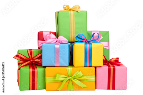 A festive pile of colorful wrapped gift boxes isolated with transparent background