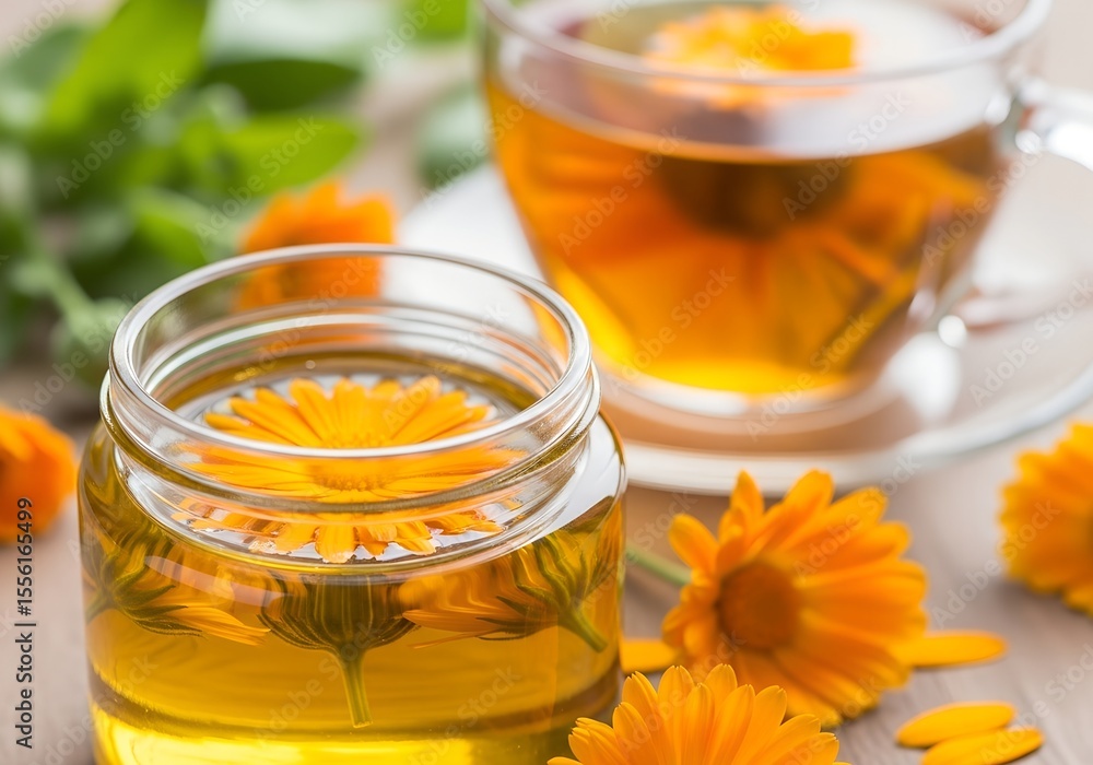 Herbal tea with marigold flowers in glass cup and jar Herbal tea with marigold flowers in glass cup and jar