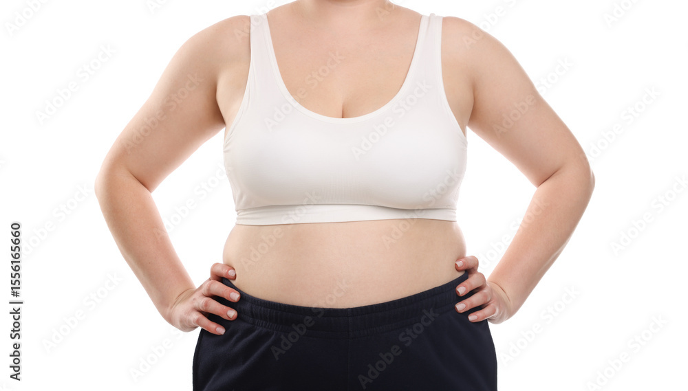Weight loss. Plus size woman in underwear on white background, closeup Weight loss. Plus size woman in underwear on white background, closeup