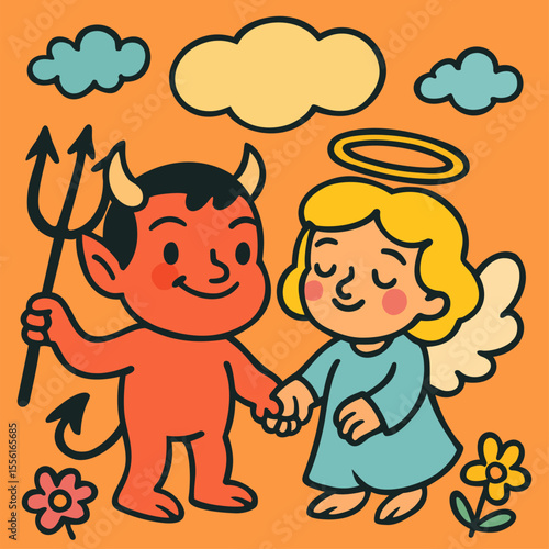 Devil and angel. Cute vector doodle illustration
