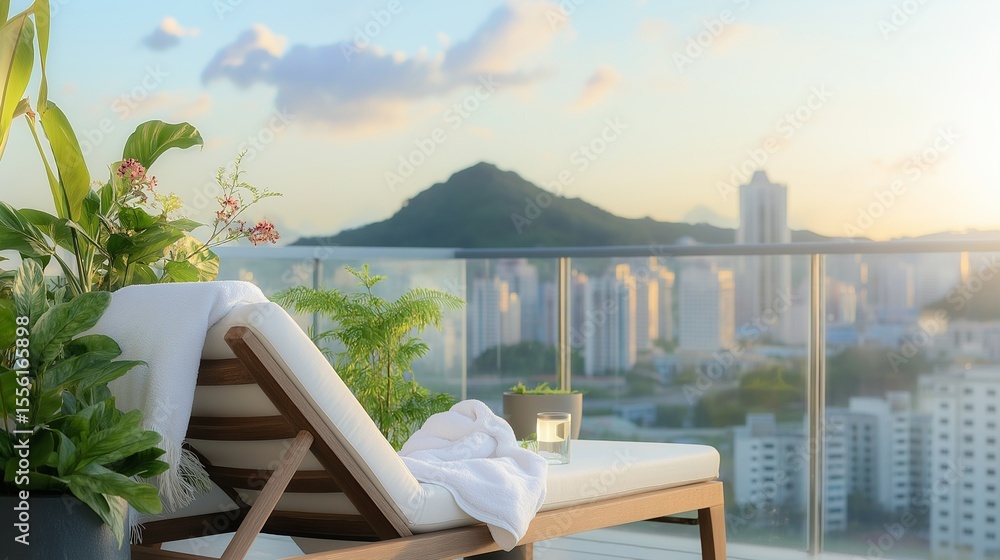 Fototapeta premium A luxurious rooftop pool with modern lounge chairs and rolled white towels