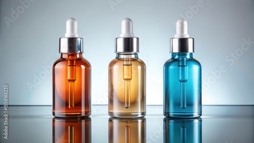 Wallpaper Mural Three colorful dropper bottles of cosmetic serum arranged in a row on a reflective surface Torontodigital.ca