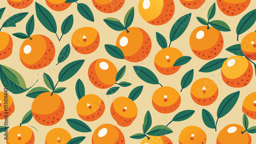 Seamless pattern of orange fruits with green leaves on a light beige background citrus