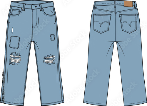 Distressed denim jeans front back view, ripped patch detail, technical flat sketch, fashion apparel design, blue washed fabric template

 flat vector illustration
