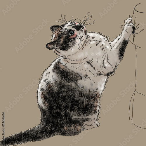 A naughty cat scratches furniture, cat spoils household items, cat upbringing, pets bad habits, petshop, humorous hand drawn illustration