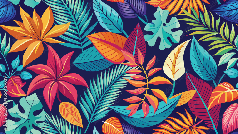 Vibrant tropical leaves pattern in shades of teal orange pink and purple floral pattern Vibrant tropical leaves pattern in shades of teal orange pink and purple floral pattern