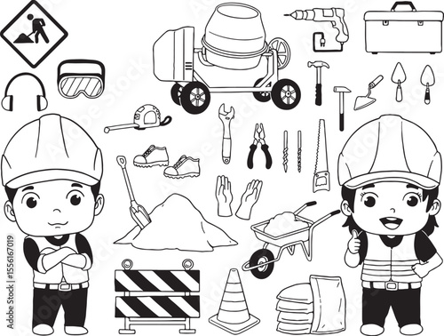 Construction doodle illustration featuring worker characters, tools, and equipment. This hand-drawn vector set includes hard hats, a cement mixer, safety signs, and more. Perfect for construction.