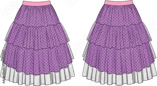 Tiered ruffle skirt fashion flat, layered tulle design, polka dot print, front and back view, technical drawing, apparel sketch

 flat vector illustration
