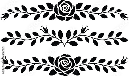 Elegant floral dividers with roses and leaves black silhouette design