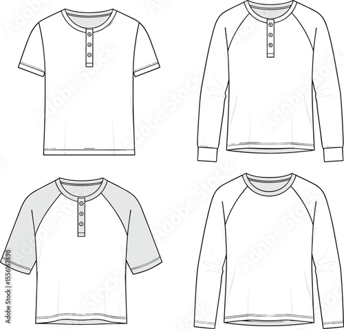 Men’s henley t-shirt vector template set, short sleeve and long sleeve, front view fashion flat sketch CAD drawing.