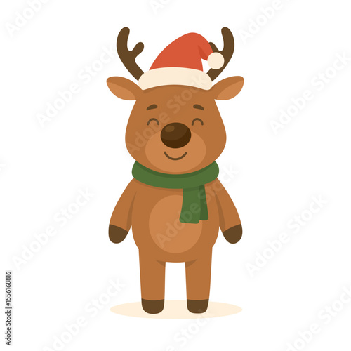 Christmas reindeer in Santa hat and green scarf smiles sweetly. This reindeer brings holiday joy and cozy feelings