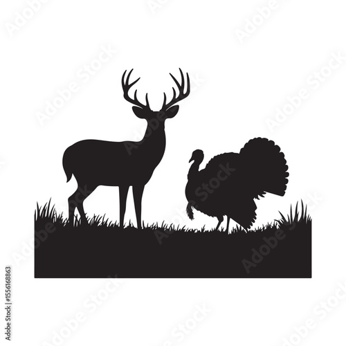 Silhouette of Deer and Turkey Standing in Grass on White Background
