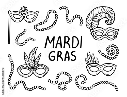 Mardi gras set. Hand drawn doodle vector. Masquerade accessory. Carnival mask and beads. Vintage holiday costume. Festival decoration. Illustration line art group of elements.