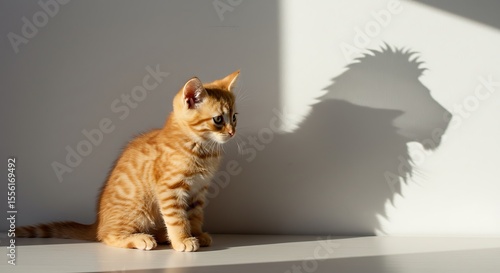 Cute Orange Kitten Sitting Casting Lion Shadow on Wall