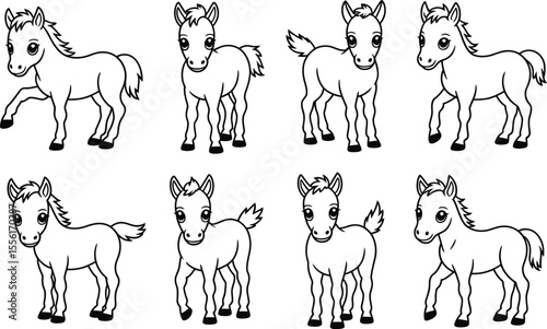 Collection of eight cute pony illustrations black and white line art