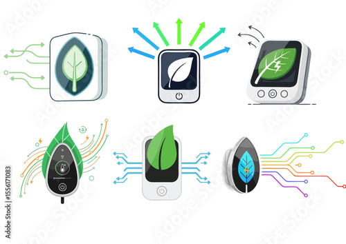 Smart thermostat with leaf-shaped screen and energy flow lines, eco-control technology concept 