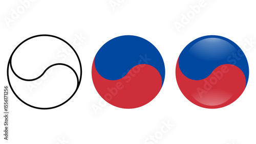 Set of Korean Taegeuk symbols in three styles: outline, flat red-blue, and glossy gradient. Represents balance, energy, and Korean culture. Ideal for spiritual, cultural, or modern design. 