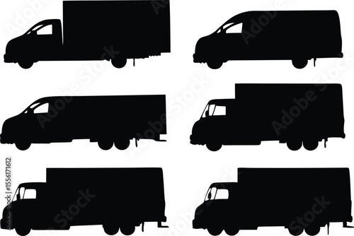 Set of delivery truck silhouettes in various cargo shapes side view vector icons