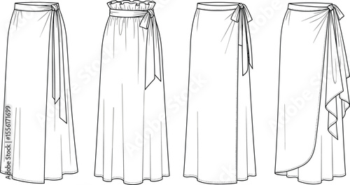 Wrap tie waist long skirts, front view, four design variations, technical drawing, line art, cad drawing flat vector illustration