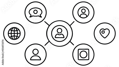 Network of social media icons connected to central user profile connection communication