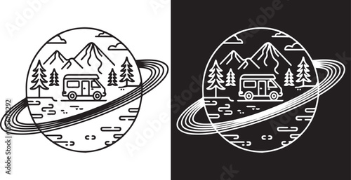 Minimalist Line Art Camper Van in Space with Mountains and Pine Trees – Adventure Planet Concept