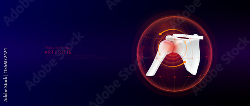 Red rotating arrow around shoulder joint cartilage inflammation in dome on blue background. Arthritis and osteoarthritis. Human arm skeleton anatomy. Medical science concept. Vector EPS10.