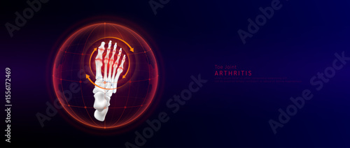 Red rotating arrow around toe joint cartilage inflammation in dome on blue background. Arthritis and osteoarthritis. Human foot skeleton anatomy. Medical science concept. Vector EPS10.
