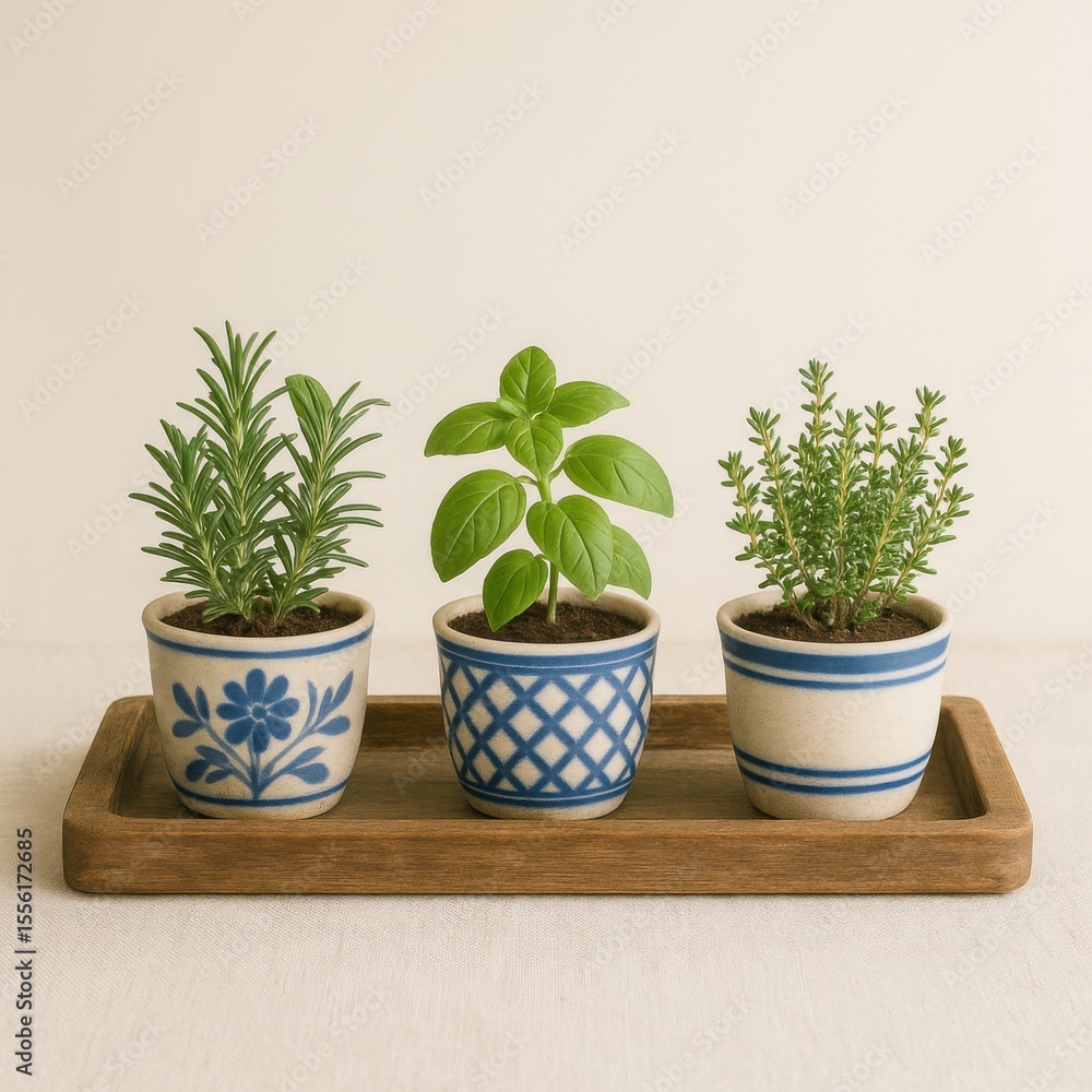 Herb Plants in Wooden Tray Herb Plants in Wooden Tray