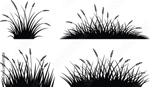 Collection of black grass tufts silhouette design elements and borders