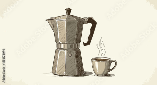 Vintage coffee vector illustration: espresso maker and cup design in detailed hand-drawn style
