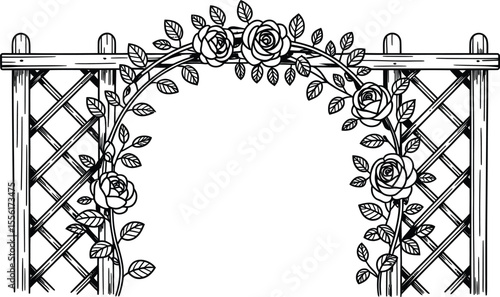 Rose covered trellis archway line art floral garden entrance illustration