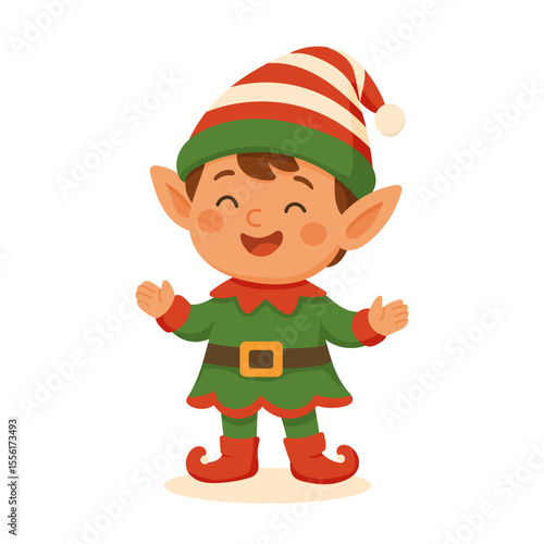  A smiling Christmas elf in a green and red outfit with a striped hat. This cheerful Christmas elf spreads joy during the holiday season.