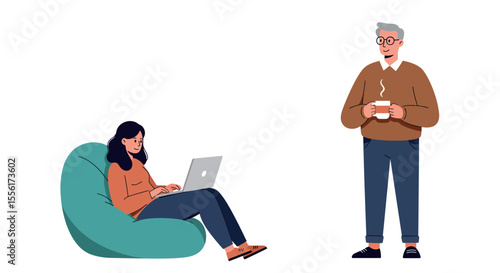 Cozy home scene vector illustration: relaxed couple with laptop and coffee in flat design