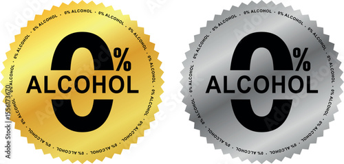 0% Alcohol label badges in gold and silver metallic design with bold typography for alcohol-free product marking	