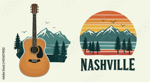 Vintage nashville music theme vector illustration with guitar and mountain landscape design
