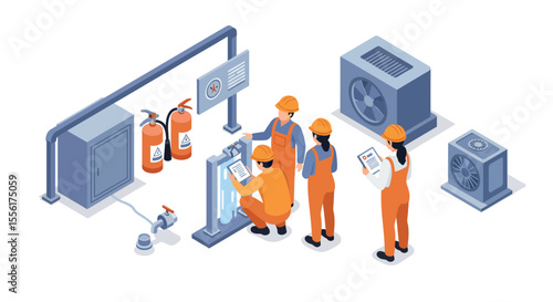 Industrial safety procedures vector illustration in isometric style for workplace training materials