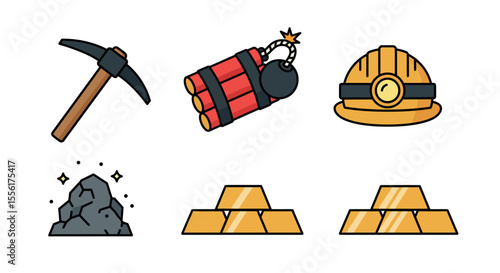 Mining vector illustration - icon set for gold mining tools and equipment in flat style