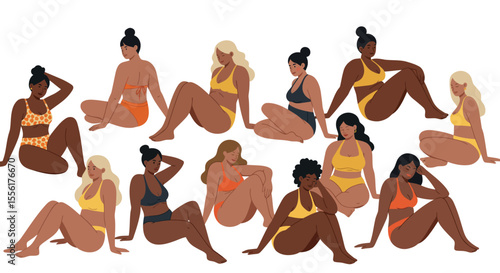 Diverse summer beachwear fashion vector illustration for card design