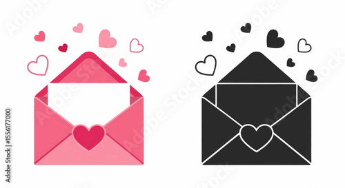 This high-quality vector set features two stylized open envelopes (pink with hearts and monochrome) with blank cards, emphasizing love, messages, and clean design.