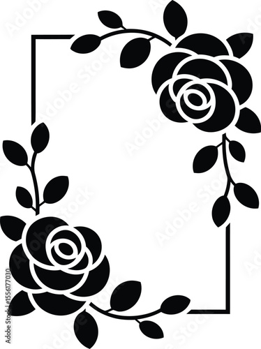 Elegant rose flower frame black and white floral border decoration illustration