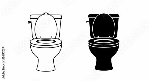 This high-quality vector set features two minimalist toilet icons, one outline and one solid black silhouette, both with lids up and seats down, emphasizing restrooms and clean design.