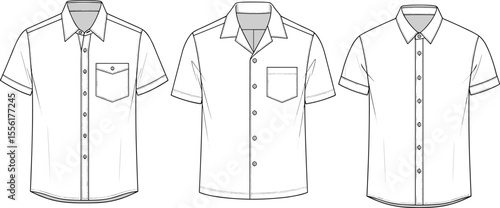 Short sleeve men’s button down shirts, front technical sketch, pocket design, fashion illustration, vector cad drawing flat vector illustration