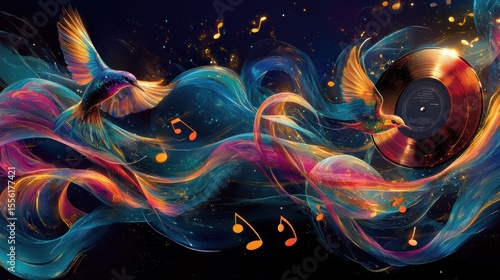 Surreal vinyl record explosion with musical notes and glowing clouds, symbolizing the power of music
