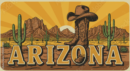 Arizona western landscape vector illustration for desert themed design, retro style for posters and cards