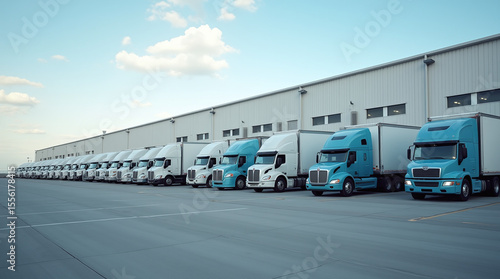 fleet of semi trucks lined up outside large distribution center, clean sky, modern transport logistics, professional stock photo vibe
