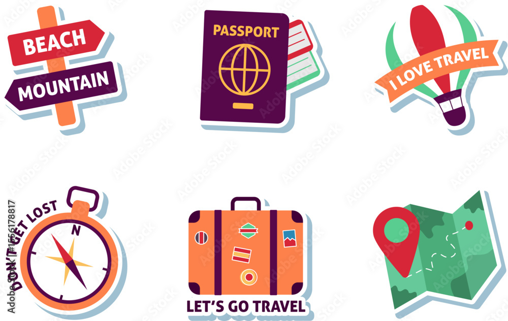 Naklejka premium Travel Stickers Beach, Mountain, Passport, Compass, Luggage & Map