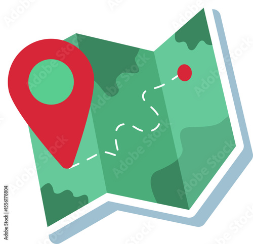 Folded Map with Route and Location Pin Travel Planning Illustration